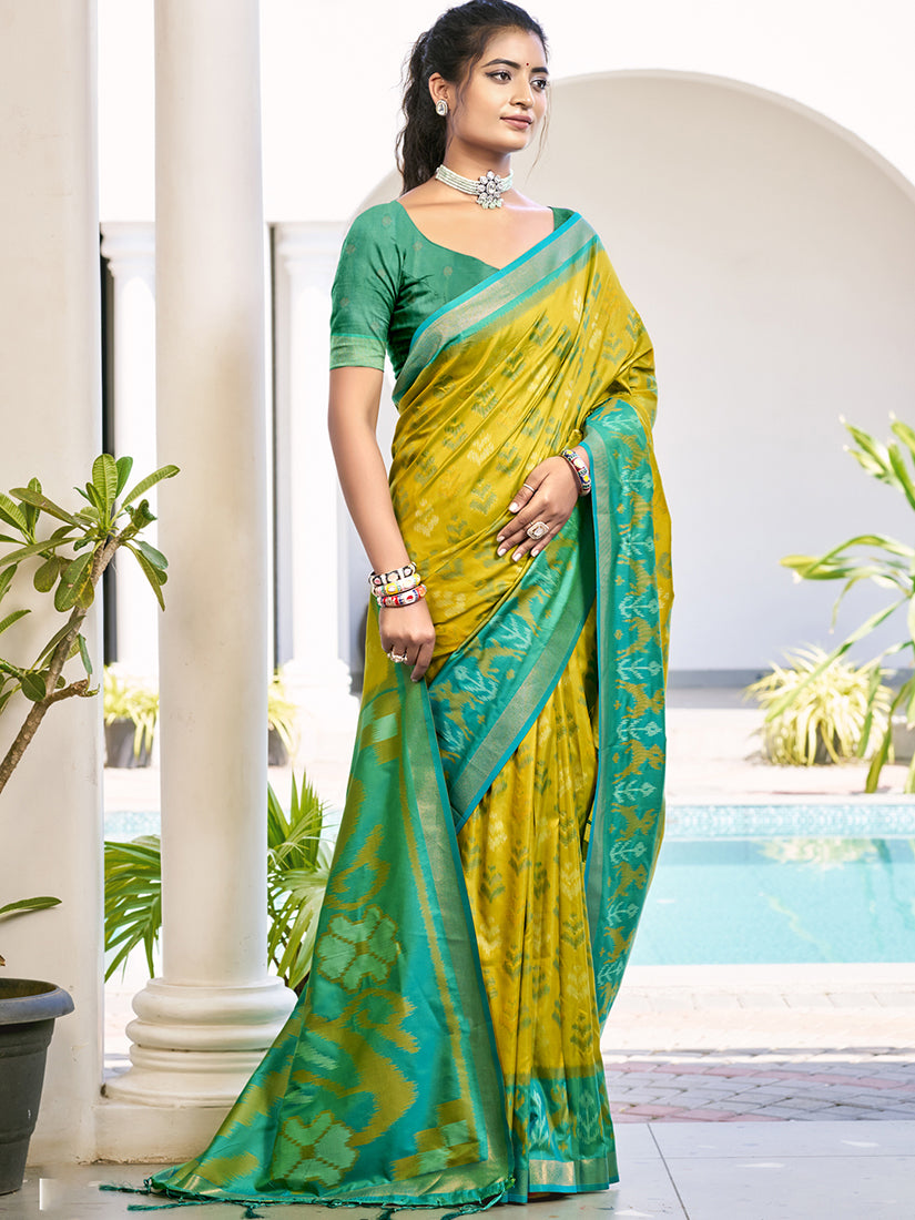 Monjolika Fashion Mustard & Sea Green Woven Pochampally Silk Blend Saree with Unstitched Blouse Piece - Dista
