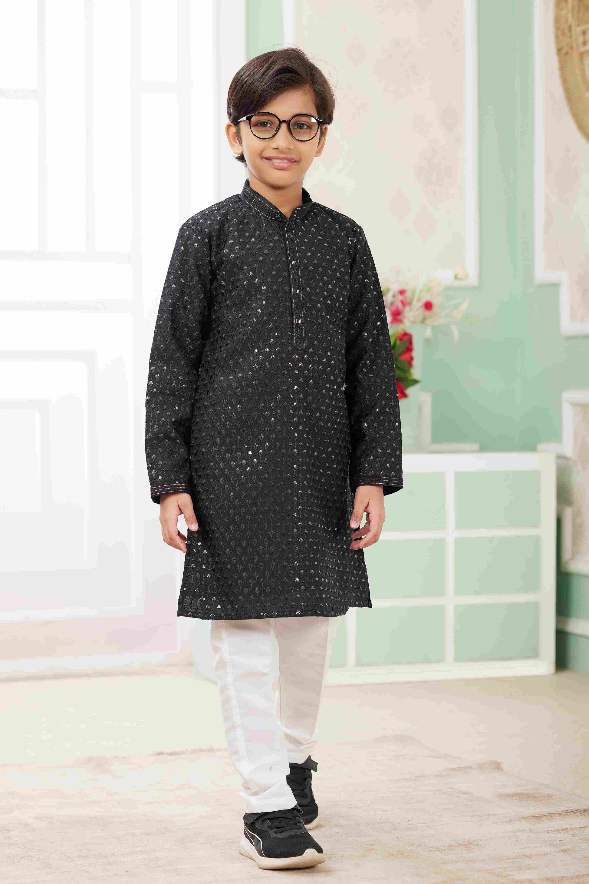 Raivat Ethnic Art Silk Embroidery Work Kids Kurta Pajama In Black Colour - Distacart