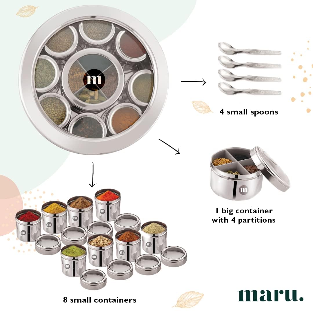 MARU Steel 12-in-1 Spice Box For Kitchen, Durable Masala Dani with Middle Partition Container - Dista