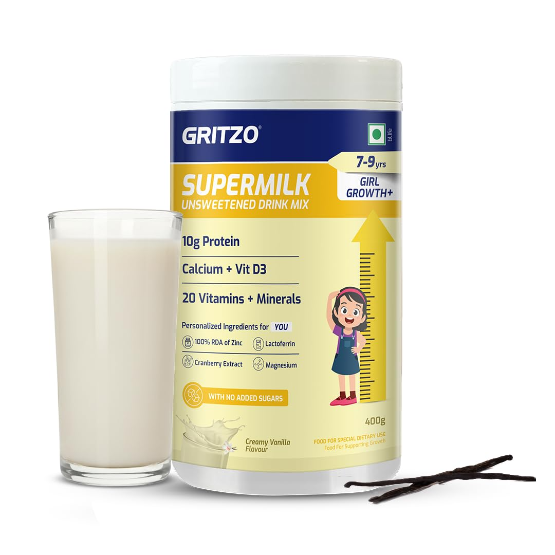 Gritzo SuperMilk Growth+ Unsweetened (7-9y Girl), 10g Protein (Creamy Vanilla)