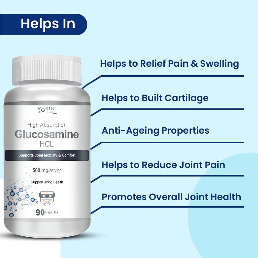 Vokin Biotech Glucosamine HCL Supplement Supports Joint Health -500mg (90 Capsules)