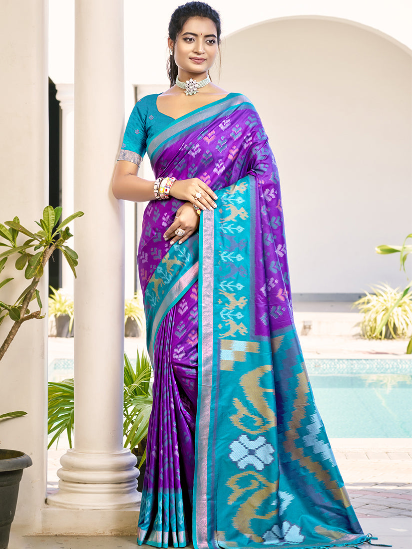 Monjolika Fashion Purple & Sky Blue Woven Pochampally Silk Blend Saree with Unstitched Blouse Piece - Dista