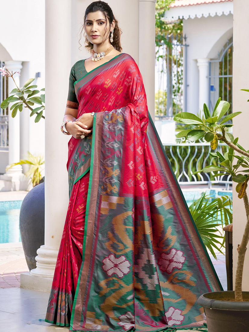 Monjolika Fashion Red & Dark Green Woven Pochampally Silk Blend Saree with Unstitched Blouse Piece - Dista