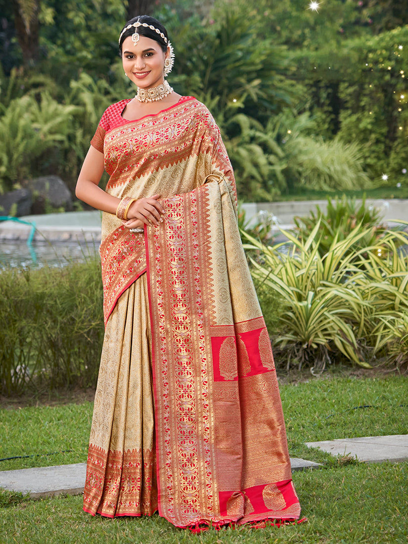 Monjolika Fashion Cream Banarasi Silk Blend Woven Saree with Unstitched Blouse Piece - Dista