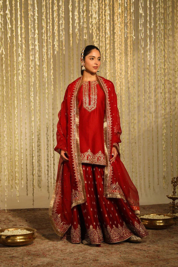 Pramukh Fab Red Color Chinon Silk Kurta Set