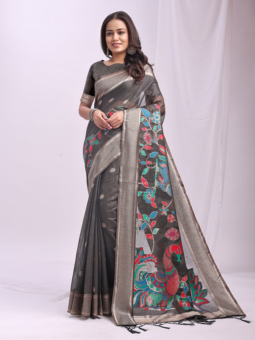 Monjolika Fashion Grey Handwoven Linen Cotton Blend Saree with Multicolor Peacock Motif Pallu & Zari Border - Dista