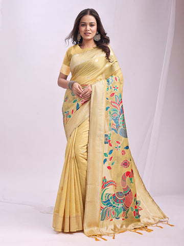 Monjolika Fashion Beige Handwoven Linen Cotton Blend Saree with Multicolor Peacock Motif Pallu & Zari Border - Dista