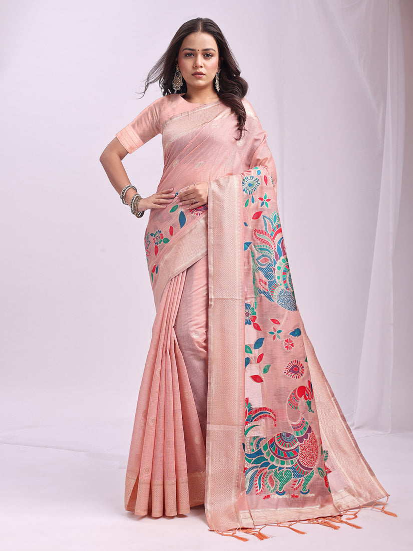 Monjolika Fashion Light Pink Handwoven Linen Cotton Blend Saree with Multicolor Peacock Motif Pallu & Zari Border - Dista
