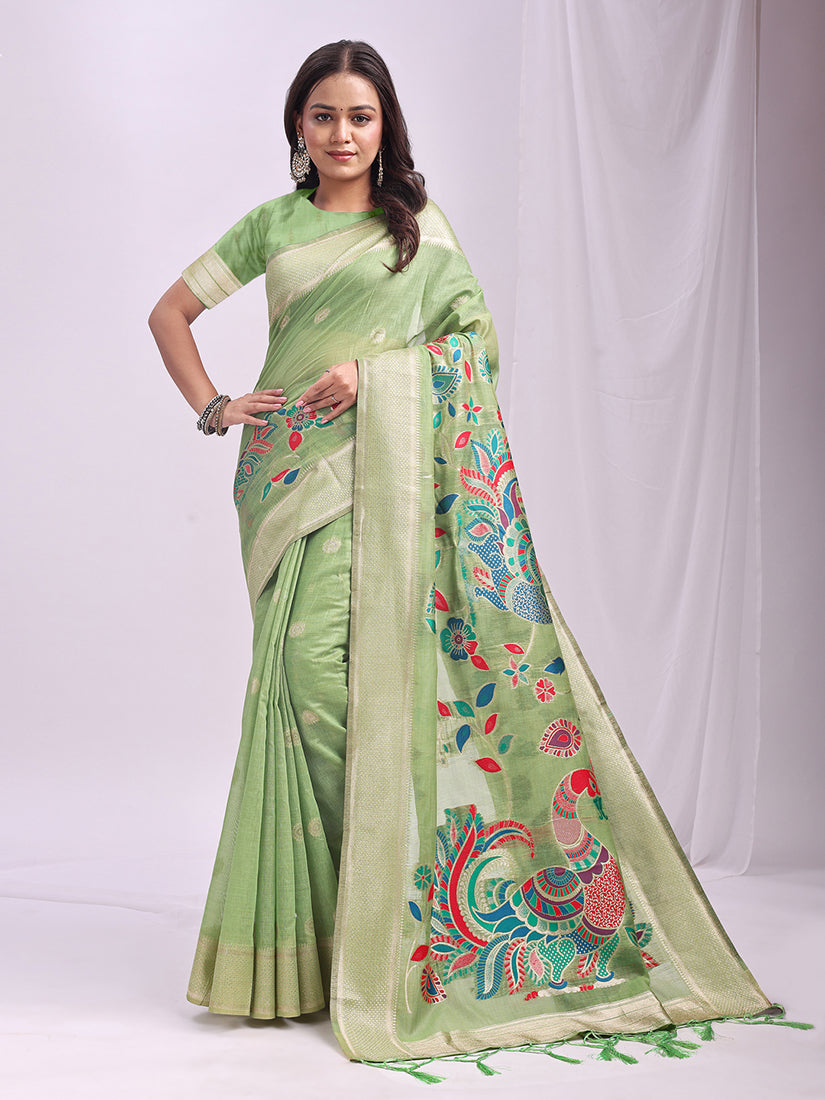 Monjolika Fashion Light Green Handwoven Linen Cotton Blend Saree with Multicolor Peacock Motif Pallu & Zari Border - Dista