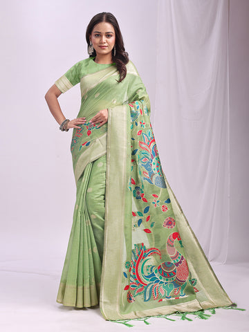 Monjolika Fashion Light Green Handwoven Linen Cotton Blend Saree with Multicolor Peacock Motif Pallu & Zari Border - Dista