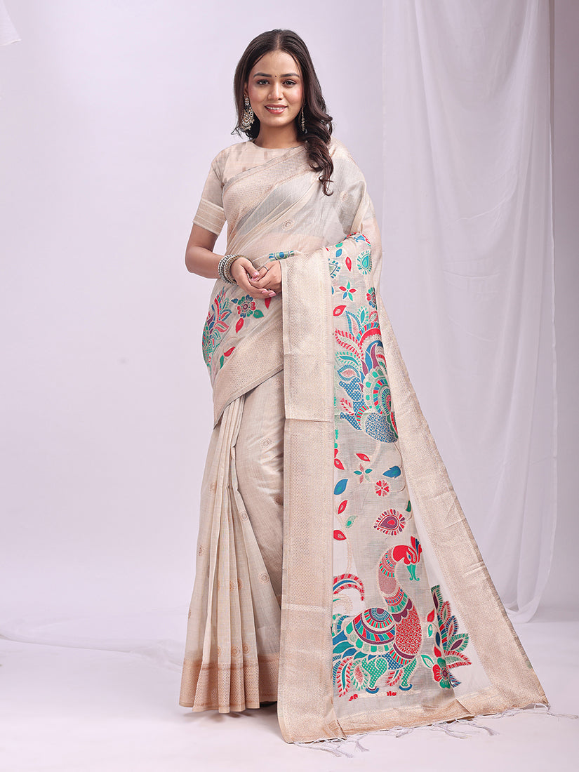 Monjolika Fashion Off White Handwoven Linen Cotton Blend Saree with Multicolor Peacock Motif Pallu & Zari Border - Dista