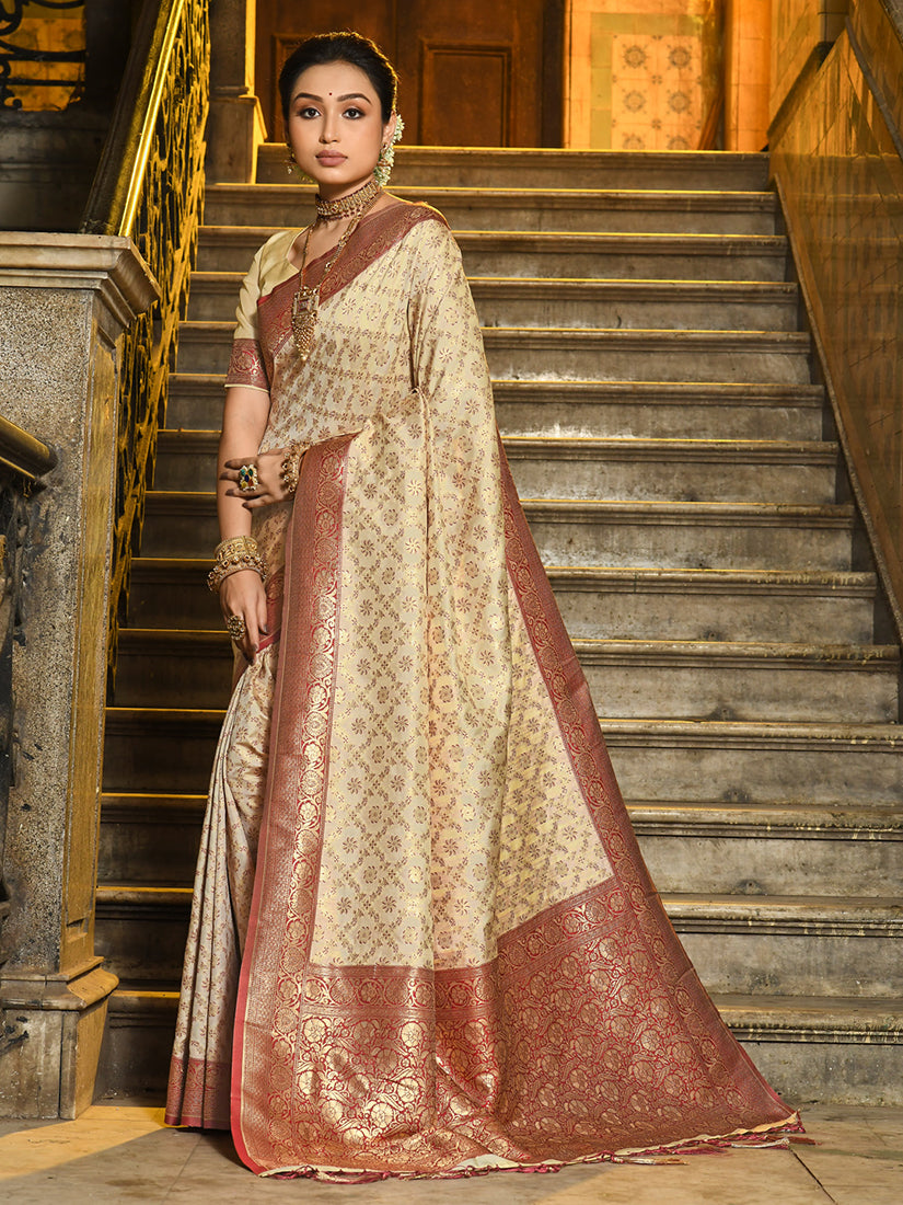 Monjolika Fashion Cream Banarasi Silk Blend Saree with Red Zari Border - Dista
