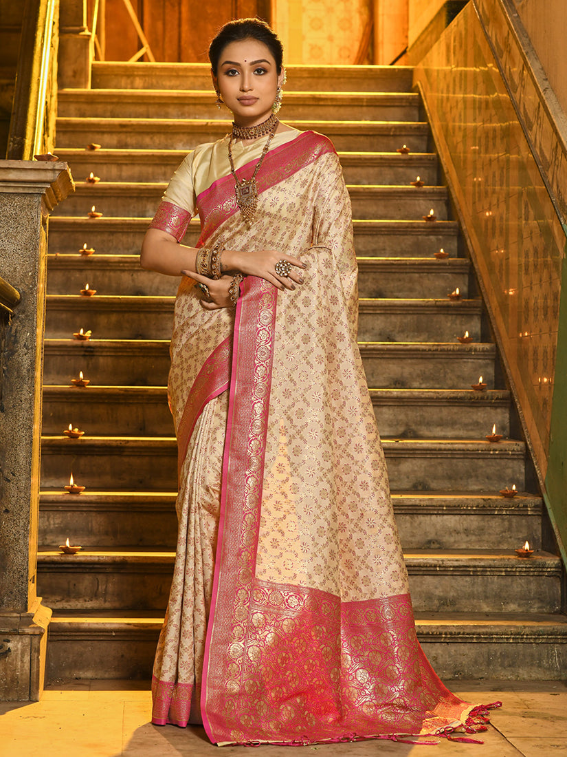 Monjolika Fashion Cream Banarasi Silk Blend Saree with Rani Pink Zari Border - Dista