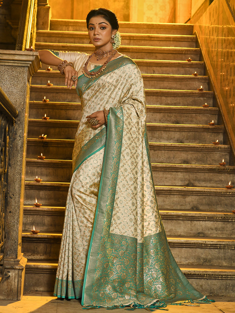 Monjolika Fashion Cream Banarasi Silk Blend Saree with Sea Green Zari Border - Dista
