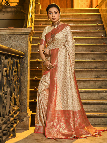 Monjolika Fashion Cream Banarasi Silk Blend Saree with Red Zari Border - Dista