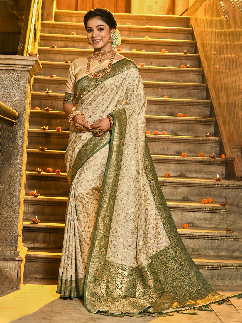 Monjolika Fashion Cream Banarasi Silk Blend Saree with Dark Green Zari Border - Dista