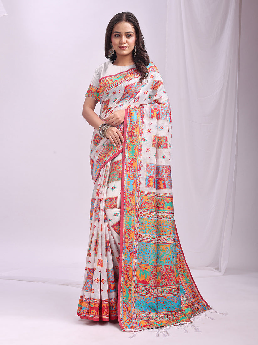 Monjolika Fashion White Linen Cotton Blend Saree with Multicolor Ethnic Print - Dista