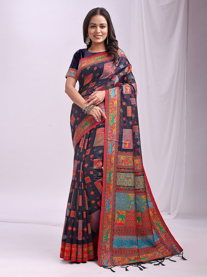 Monjolika Fashion Navy Blue Linen Cotton Blend Saree with Multicolor Ethnic Print - Dista