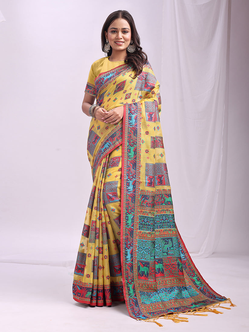 Monjolika Fashion Yellow Linen Cotton Blend Saree with Multicolor Ethnic Print - Dista