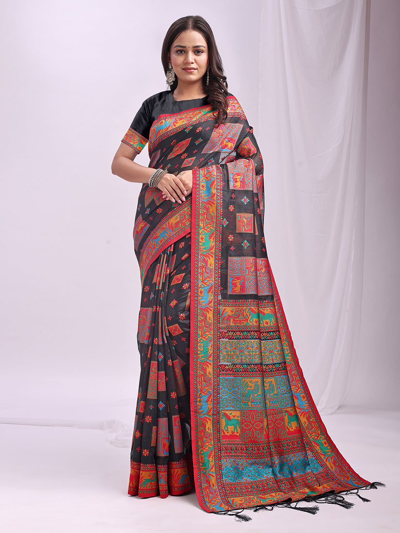 Monjolika Fashion Black Linen Cotton Blend Saree with Multicolor Ethnic Print - Dista