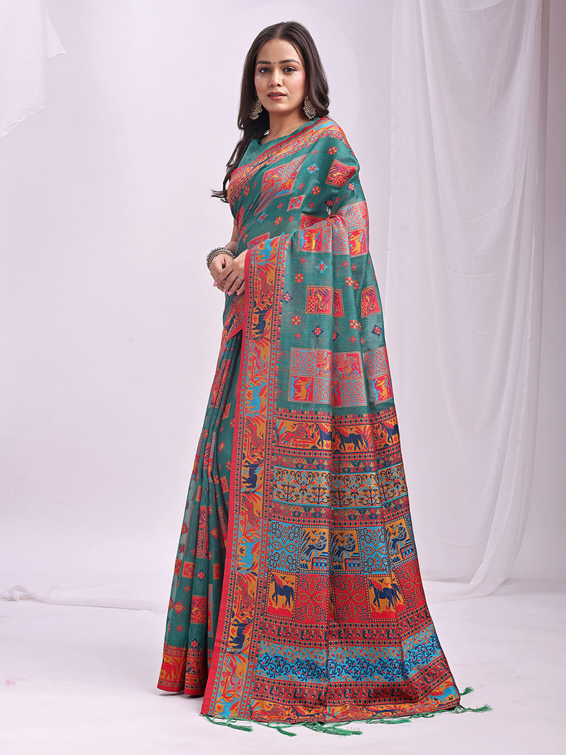 Monjolika Fashion Teal Linen Cotton Blend Saree with Multicolor Ethnic Print - Dista