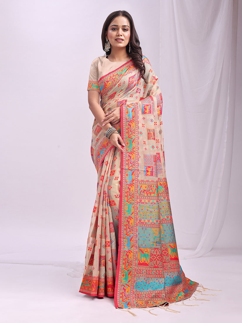 Monjolika Fashion Beige Linen Cotton Blend Saree with Multicolor Ethnic Print - Dista