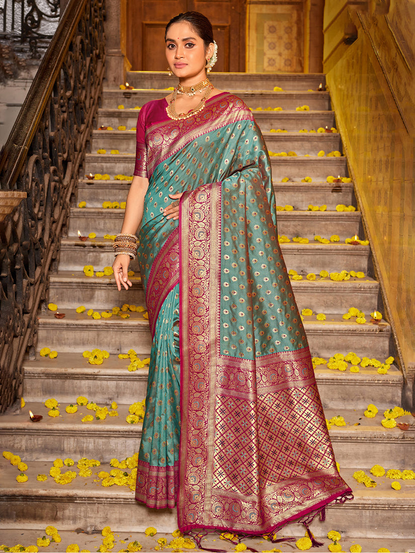 Monjolika Fashion Teal Blue Banarasi Silk Blend Saree with Magenta Zari Border - Dista