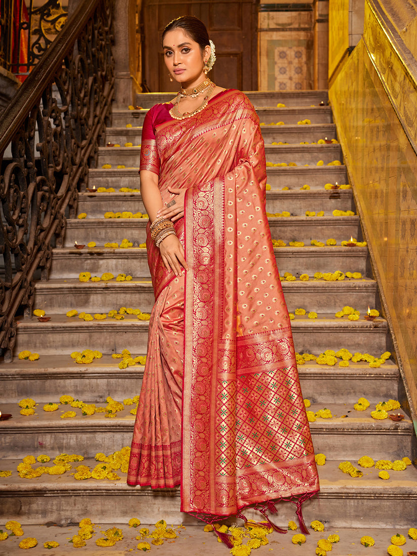 Monjolika Fashion Peach Banarasi Silk Blend Saree with Rani Pink Zari Border - Dista