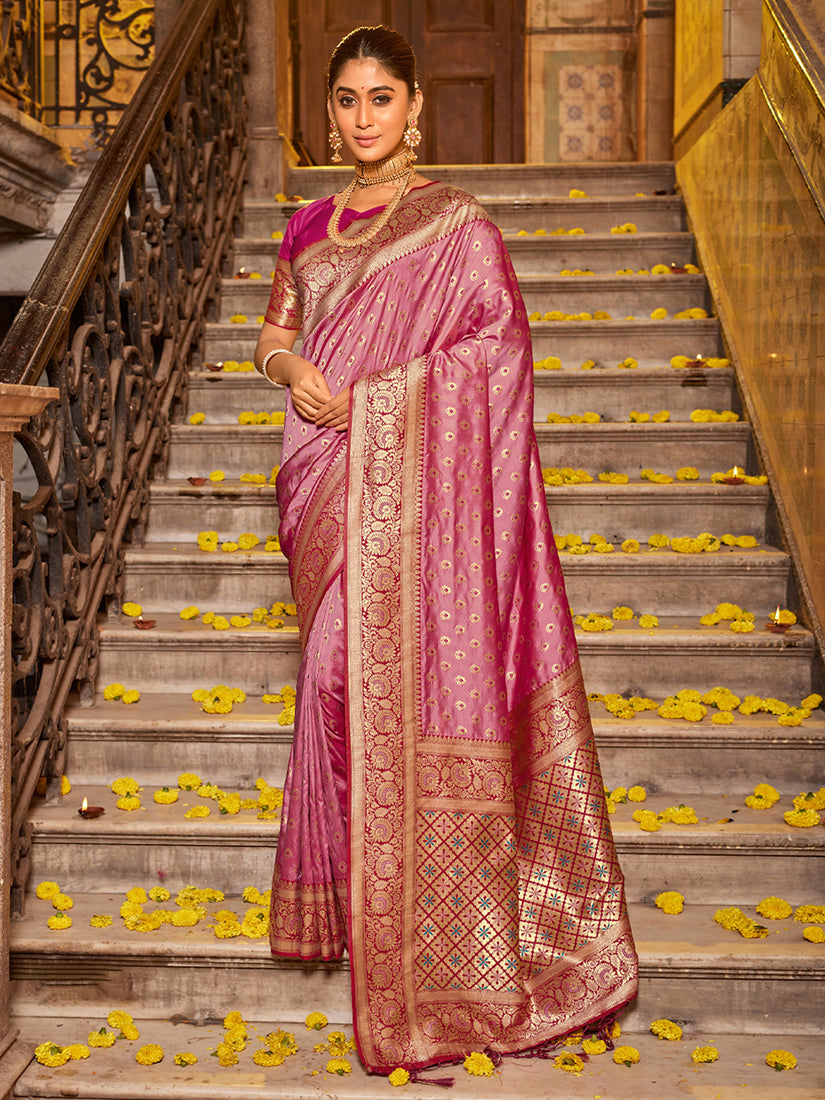Monjolika Fashion Onion Pink Banarasi Silk Blend Saree with Magenta Zari Border - Dista