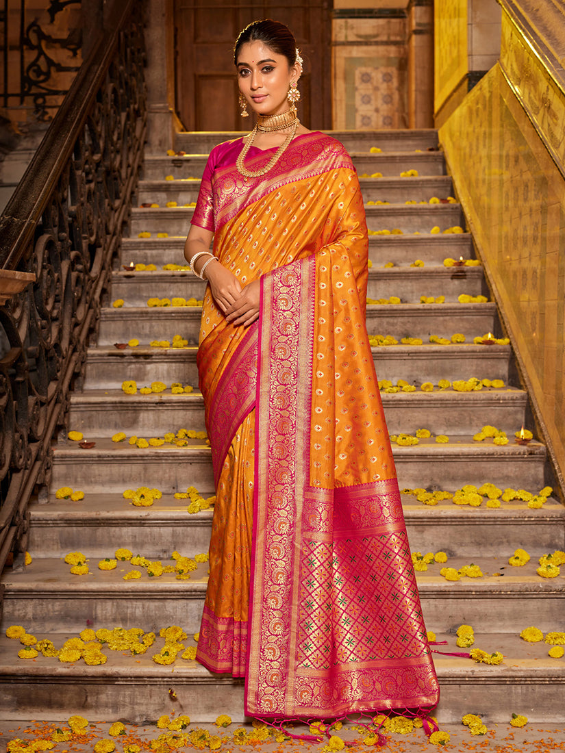 Monjolika Fashion Orange Banarasi Silk Blend Saree with Magenta Zari Border - Dista