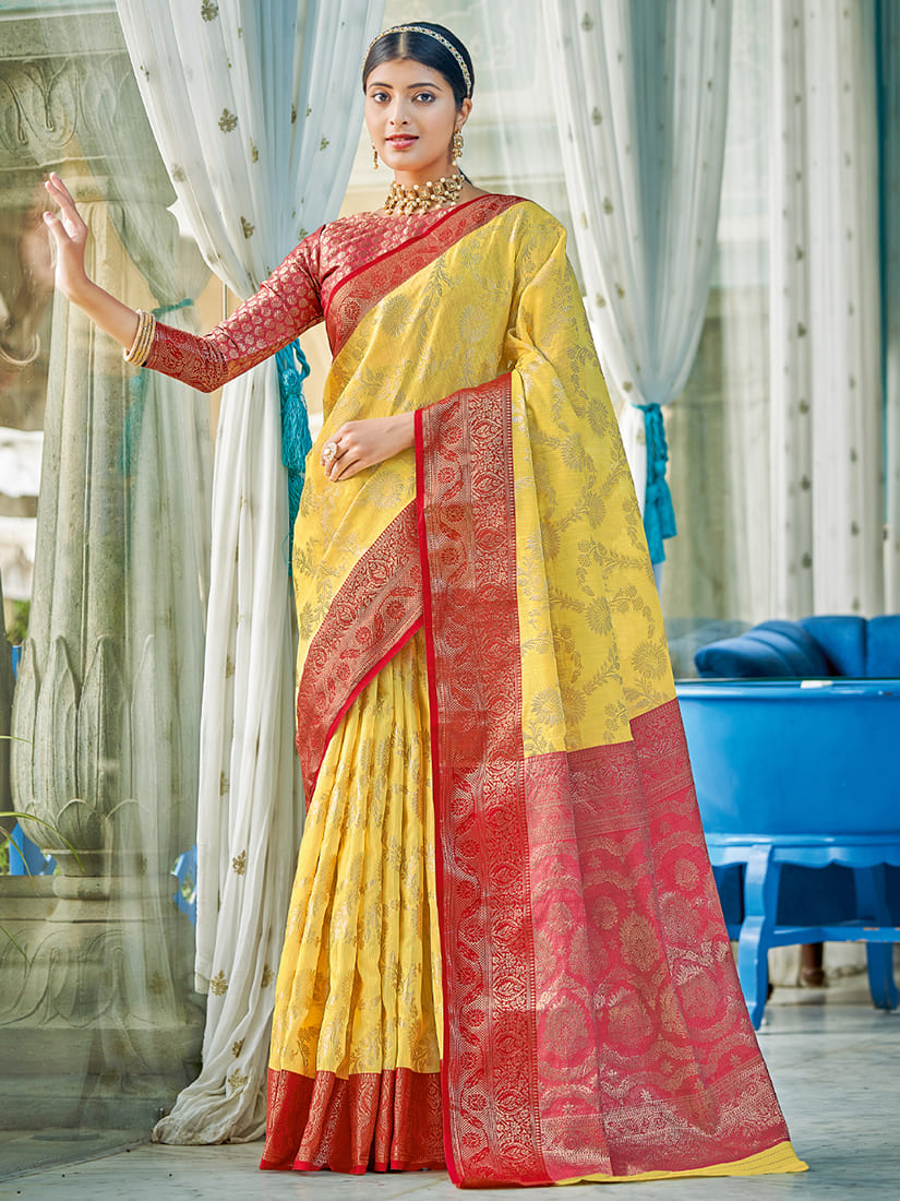 Monjolika Fashion Yellow & Red Linen Cotton Blend Saree with Rich Zari Woven Border - Dista