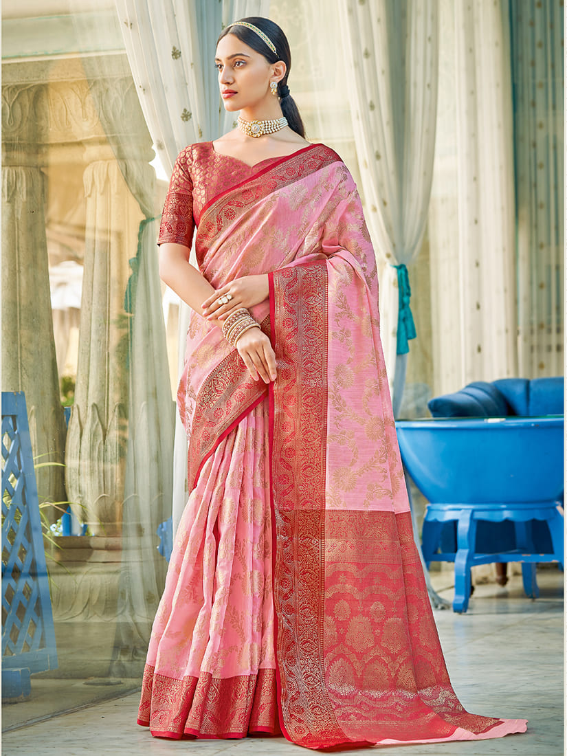 Monjolika Fashion Light Pink & Red Linen Cotton Blend Saree with Rich Zari Woven Border - Dista