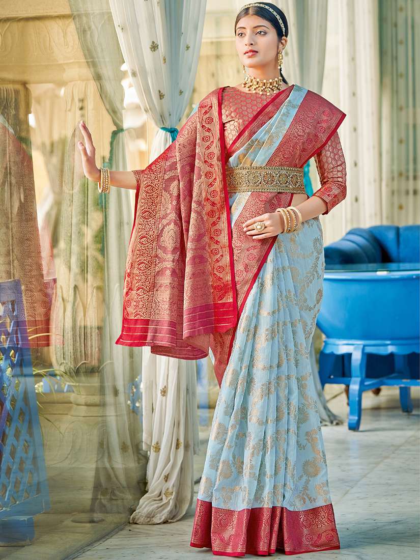 Monjolika Fashion Sky Blue & Red Linen Cotton Blend Saree with Rich Zari Woven Border - Dista