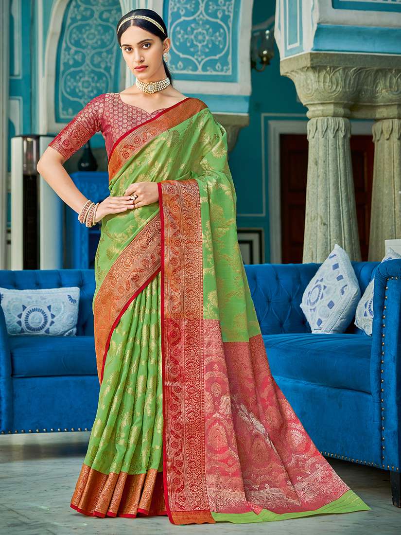 Monjolika Fashion Green & Red Linen Cotton Blend Saree with Rich Zari Woven Border - Dista