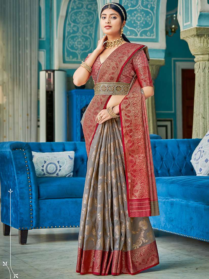 Monjolika Fashion Grey & Red Linen Cotton Blend Saree with Rich Zari Woven Border - Dista