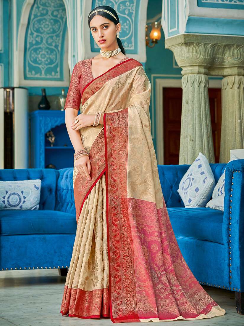 Monjolika Fashion Cream & Red Linen Cotton Blend Saree with Rich Zari Woven Border - Dista