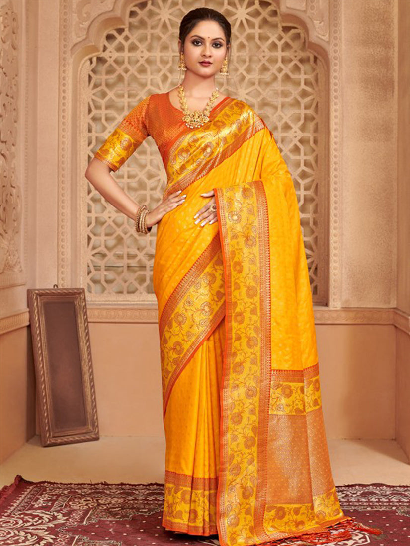 Monjolika Fashion Mustard Banarasi Silk Blend Gold Zari Weaving Saree with Contrast Border - Dista
