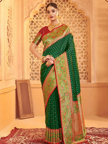 Monjolika Fashion Dark Green Banarasi Silk Blend Gold Zari Weaving Saree with Contrast Border - Dista