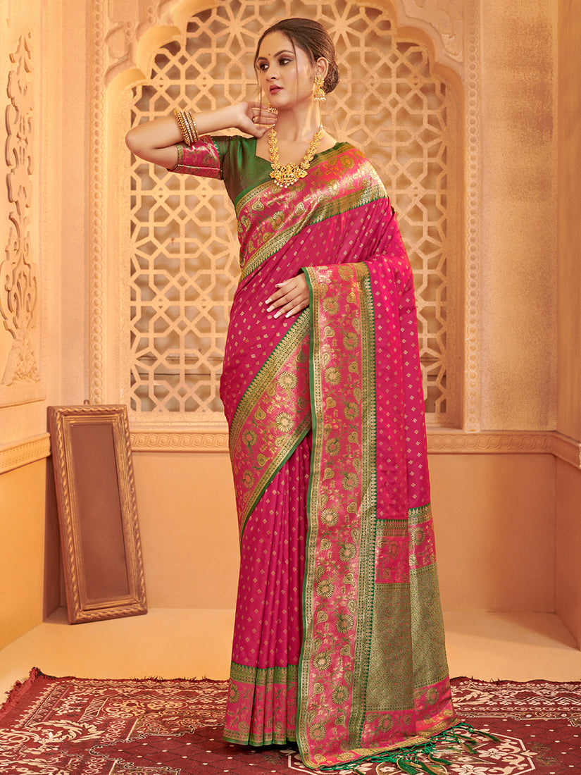 Monjolika Fashion Rani Pink Banarasi Silk Blend Gold Zari Weaving Saree with Contrast Border - Dista