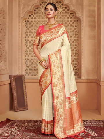 Monjolika Fashion Off White Banarasi Silk Blend Gold Zari Weaving Saree with Contrast Border - Dista