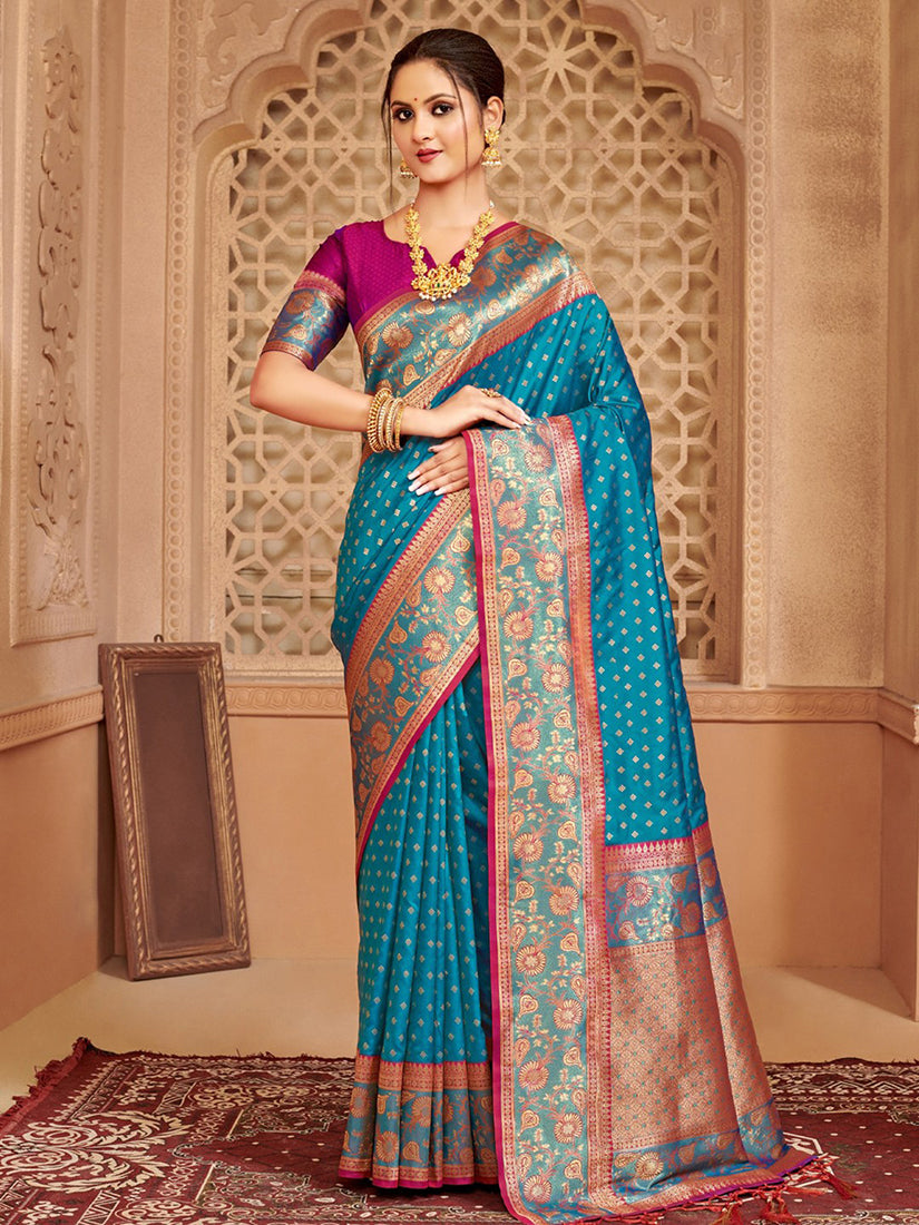 Monjolika Fashion Teal Blue Banarasi Silk Blend Gold Zari Weaving Saree with Contrast Border - Dista