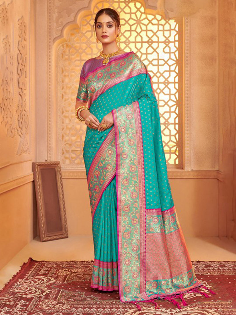 Monjolika Fashion Turquoise Banarasi Silk Blend Gold Zari Weaving Saree with Contrast Border - Dista