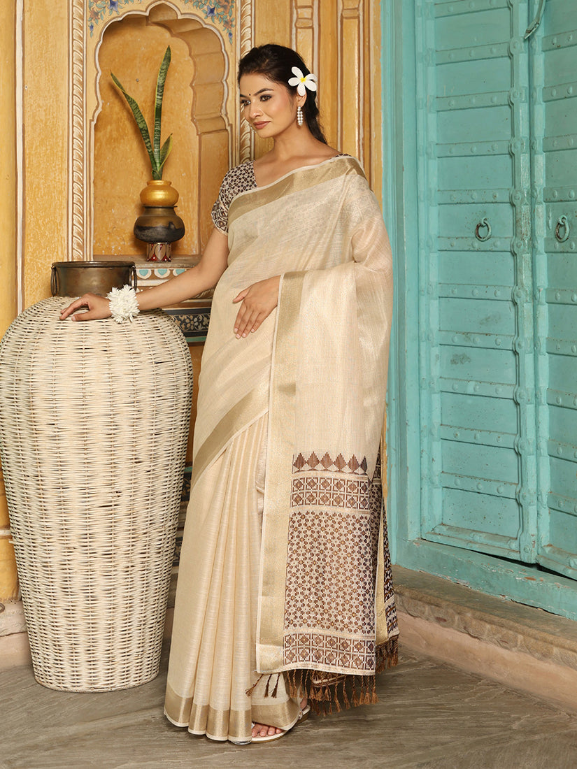 Monjolika Fashion Off White Woven Linen Silk Saree with Gold Zari Border - Dista