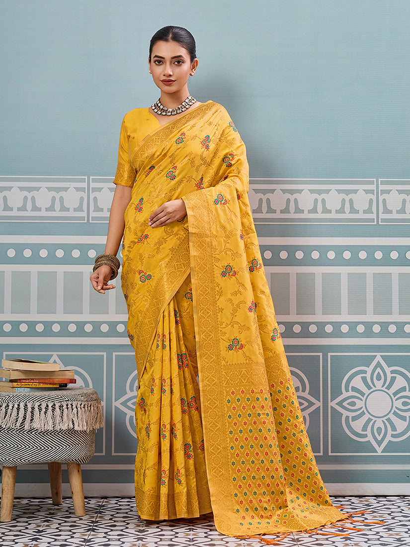 Monjolika Fashion Mustard Banarasi Silk Blend Saree with Rich Gold Zari Floral Weaving - Dista