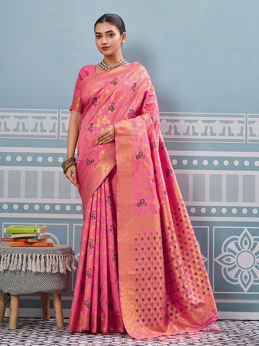 Monjolika Fashion Pink Banarasi Silk Blend Saree with Rich Gold Zari Floral Weaving - Dista