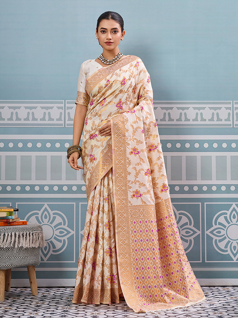 Monjolika Fashion Off White Banarasi Silk Blend Saree with Rich Gold Zari Floral Weaving - Dista