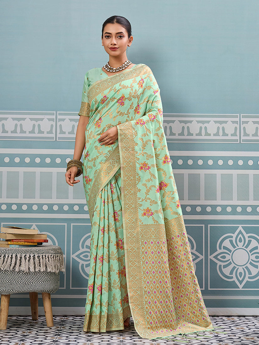 Monjolika Fashion Mint Green Banarasi Silk Blend Saree with Rich Gold Zari Floral Weaving - Dista