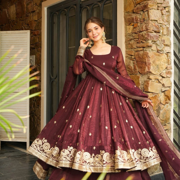 Yash Enterprise Maroon Simmer Silk Party Wear Ebroidery Suit Set