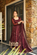 Thumbnail for Yash Enterprise Maroon Simmer Silk Party Wear Ebroidery Suit Set