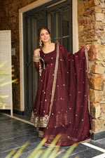 Thumbnail for Yash Enterprise Maroon Simmer Silk Party Wear Ebroidery Suit Set